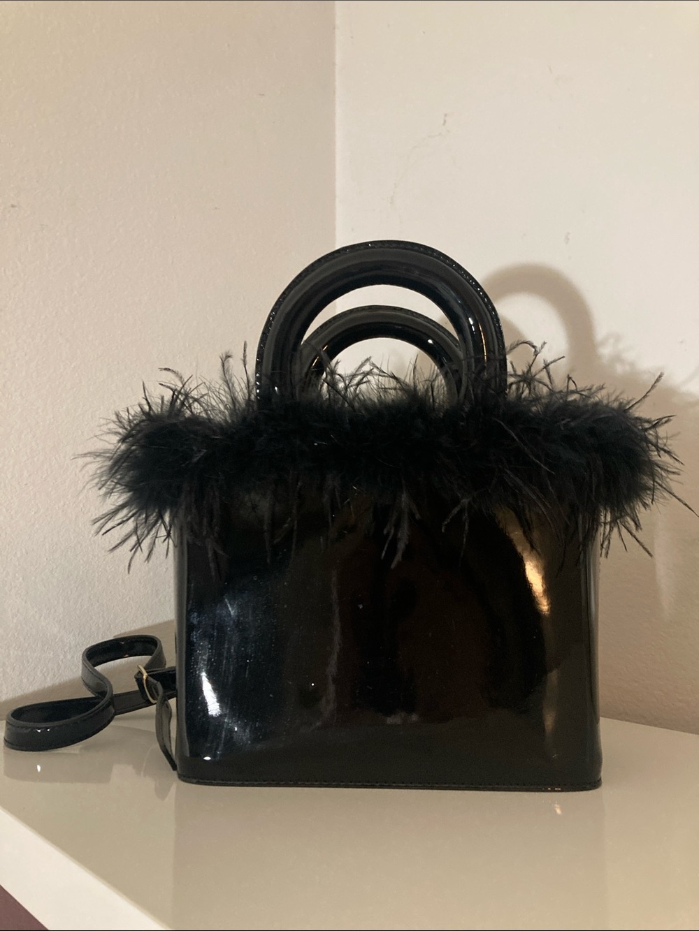 STAUD Nic Black Patent Tote with Feather Trim